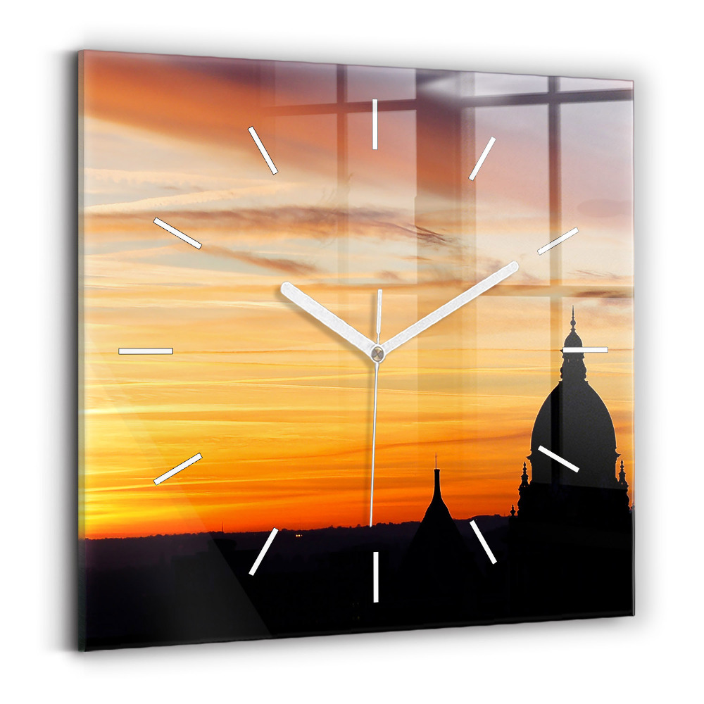 Horloge carrée en verre Bâtiment et coucher de soleil