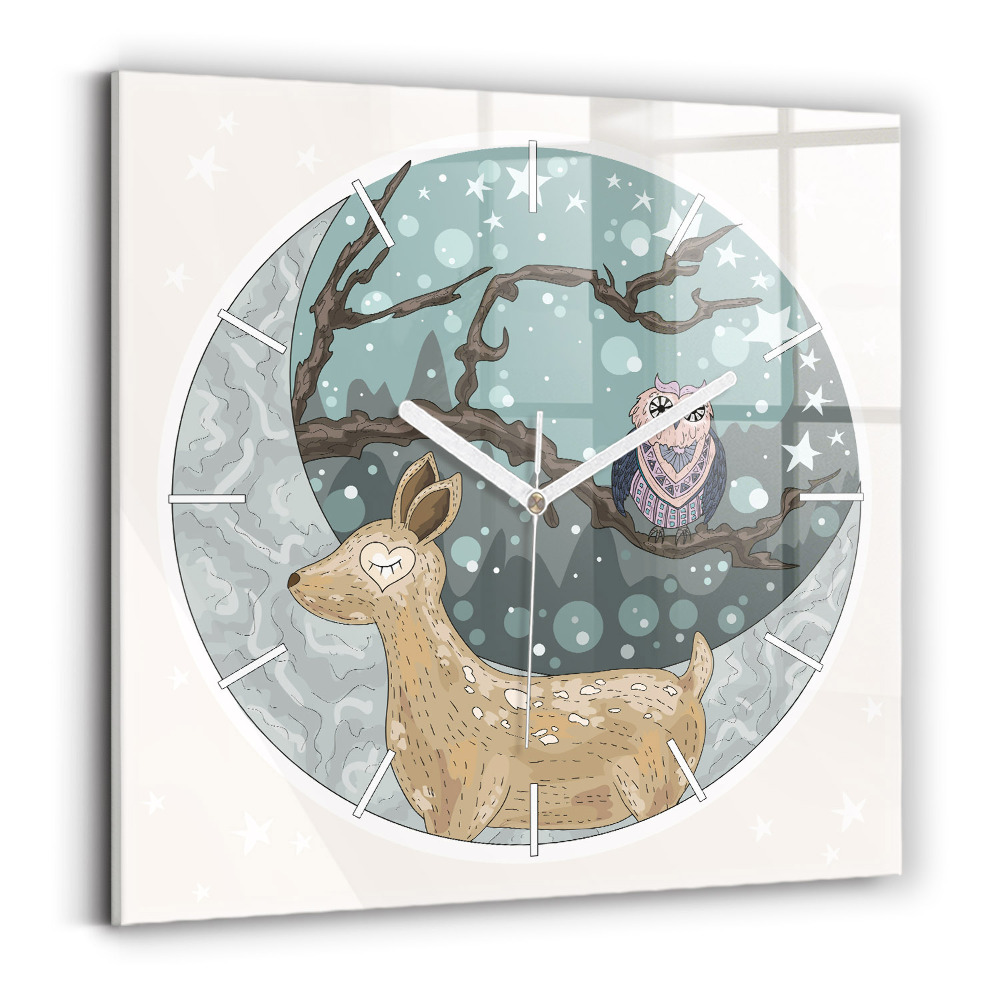 Pendule carrée en verre Animaux nocturnes et lune