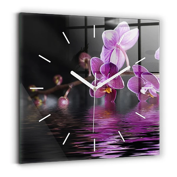Horloge carrée en verre Fleur d'orchidée sur l'eau