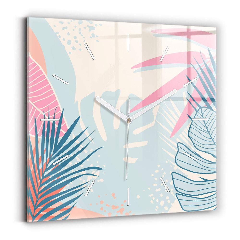 Horloge carrée en verre Feuilles pastel - tropiques