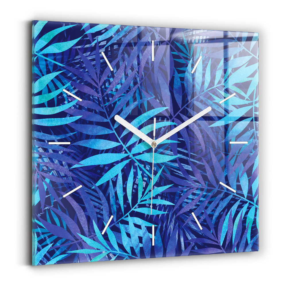 Pendule carrée en verre Feuilles bleues