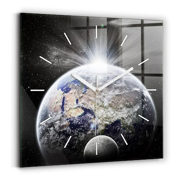 Horloge carrée en verre Terre Lune Soleil