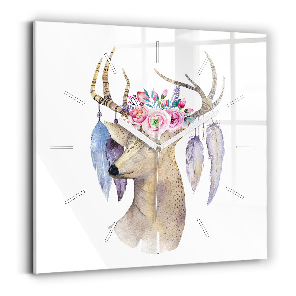Pendule carrée en verre Tête de cerf et fleurs