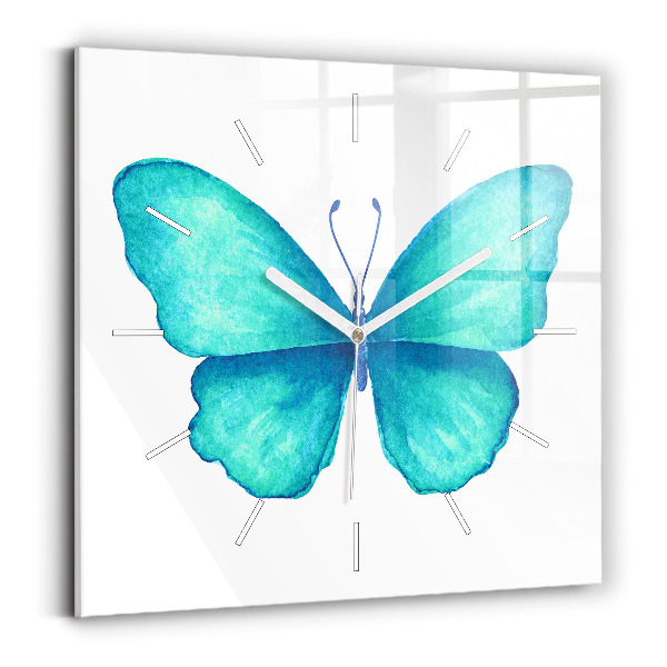 Horloge carrée en verre Papillon d'été turquoise