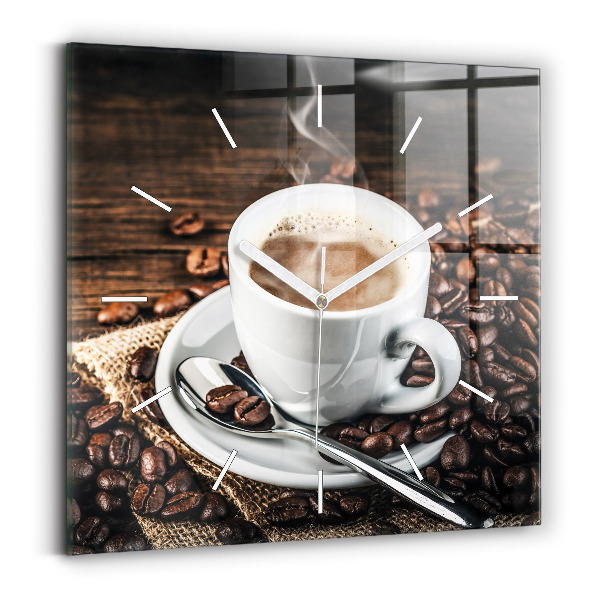 Horloge carrée en verre Tasse et grains de café