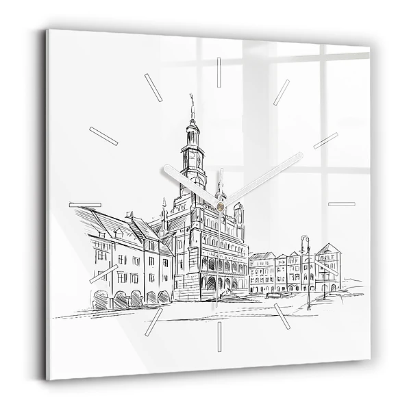 Horloge murale carrée Croquis de la vieille ville de Poznań
