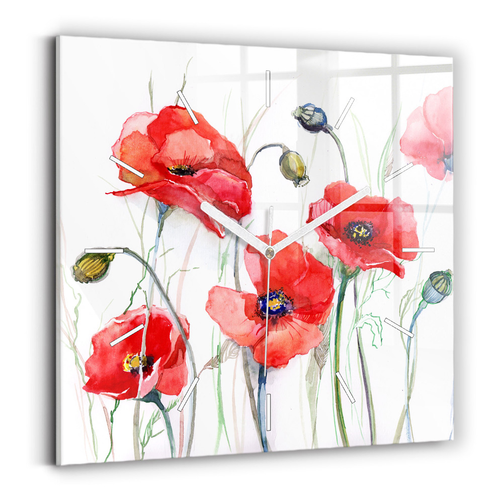 Pendule carrée en verre Coquelicots rouges peints