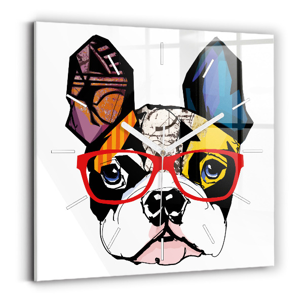 Horloge carrée en verre Bouledogue français à lunettes