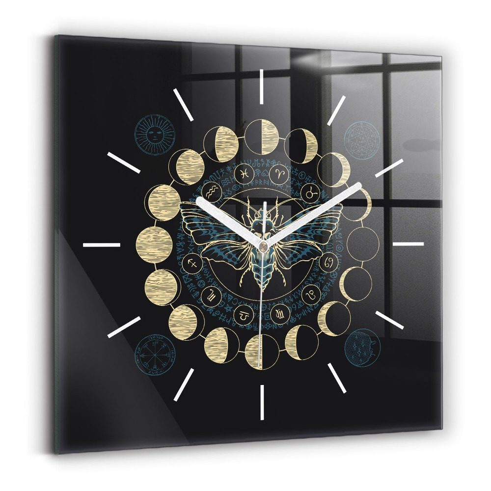 Horloge carrée en verre Phases de la lune et insecte
