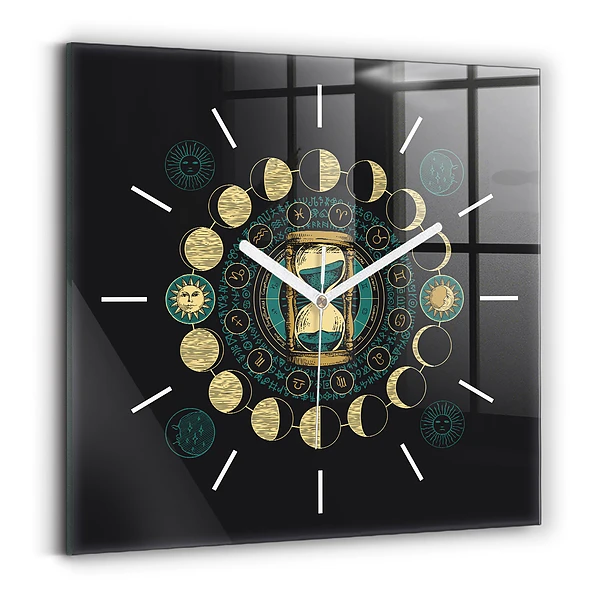 Pendule carrée en verre Phases de la lune et sablier