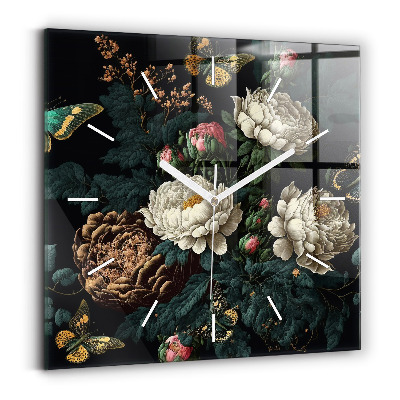 Horloge murale carrée Fleur et papillons dorés