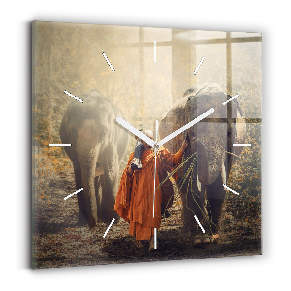 Horloge carrée en verre Moine guidant des éléphants