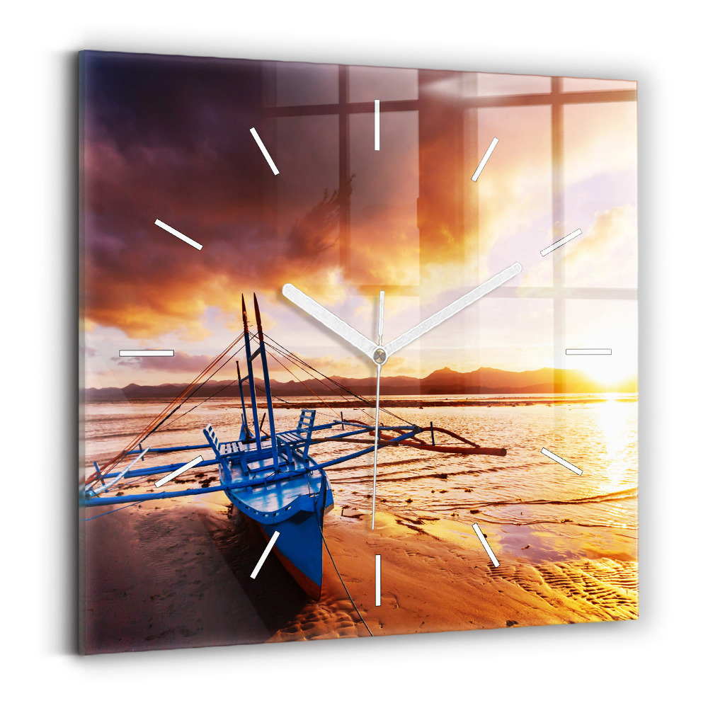 Pendule carrée en verre Bateau et coucher de soleil
