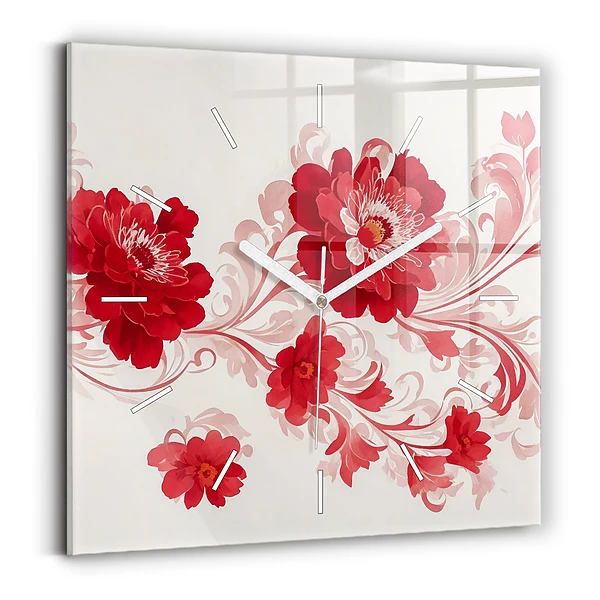 Horloge carrée en verre Fleurs rouges