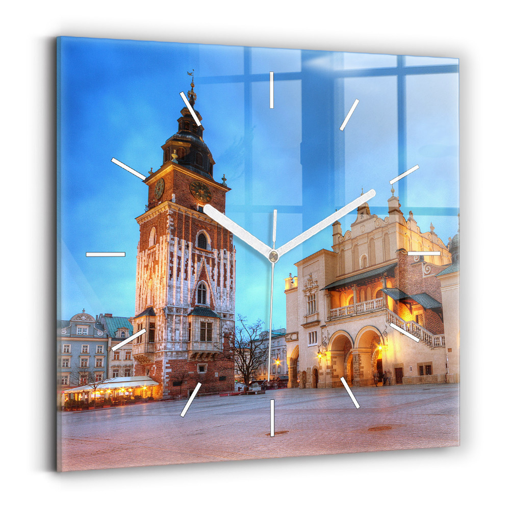 Pendule carrée en verre Place du marché principal à Cracovie