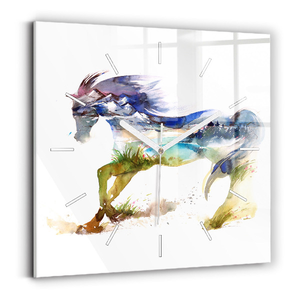 Horloge carrée en verre Montagne peinte et cheval
