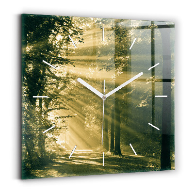 Horloge carrée en verre Rayons de soleil Forêt