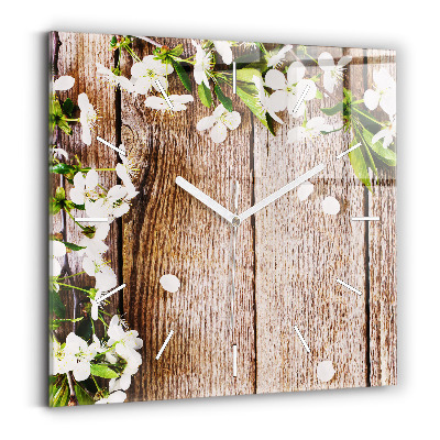 Horloge carrée en verre Fleurs sur bois