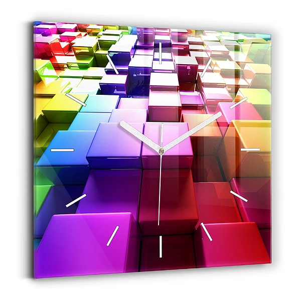 Horloge carrée en verre Cubes colorés
