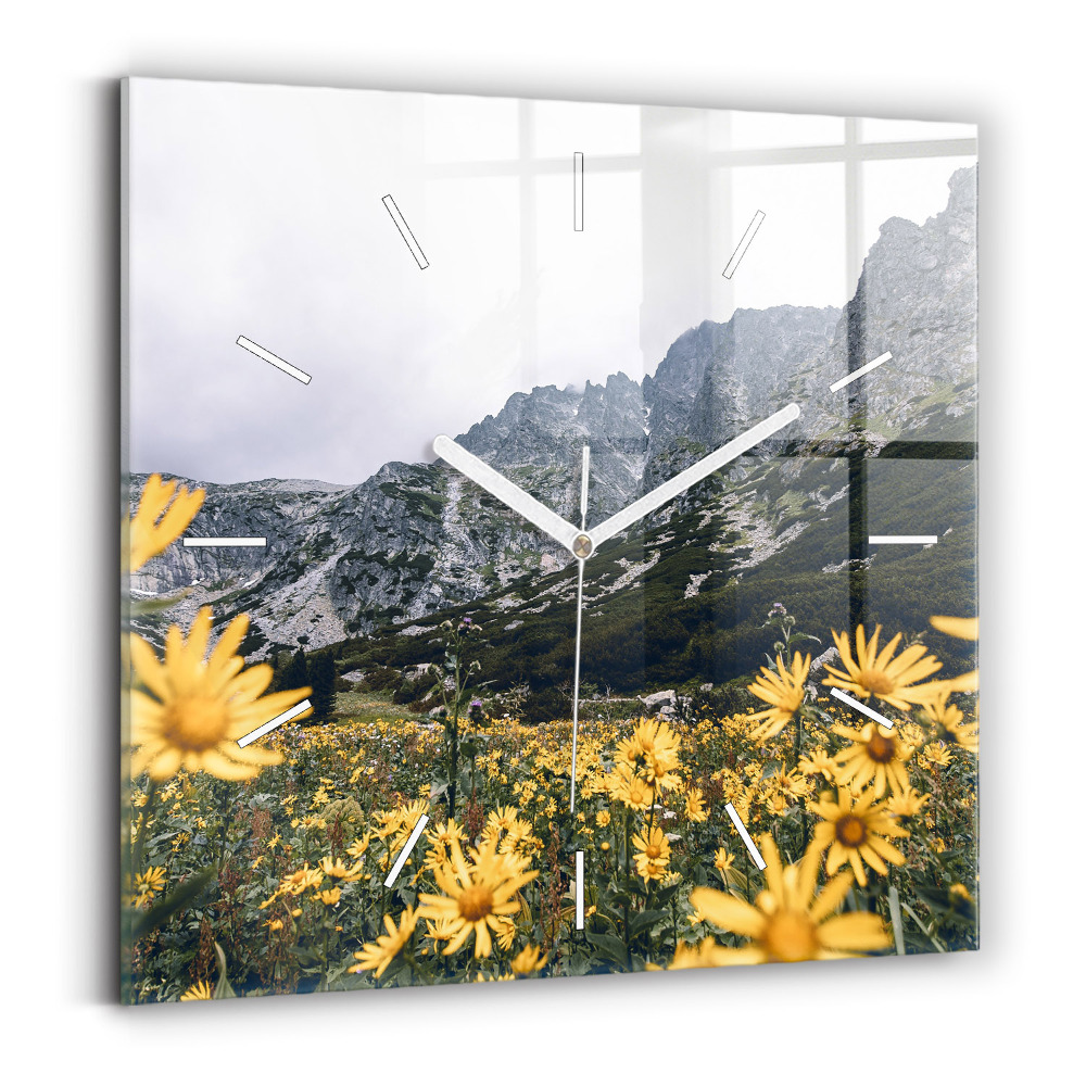 Pendule carrée en verre Prairie de fleurs dans les montagnes