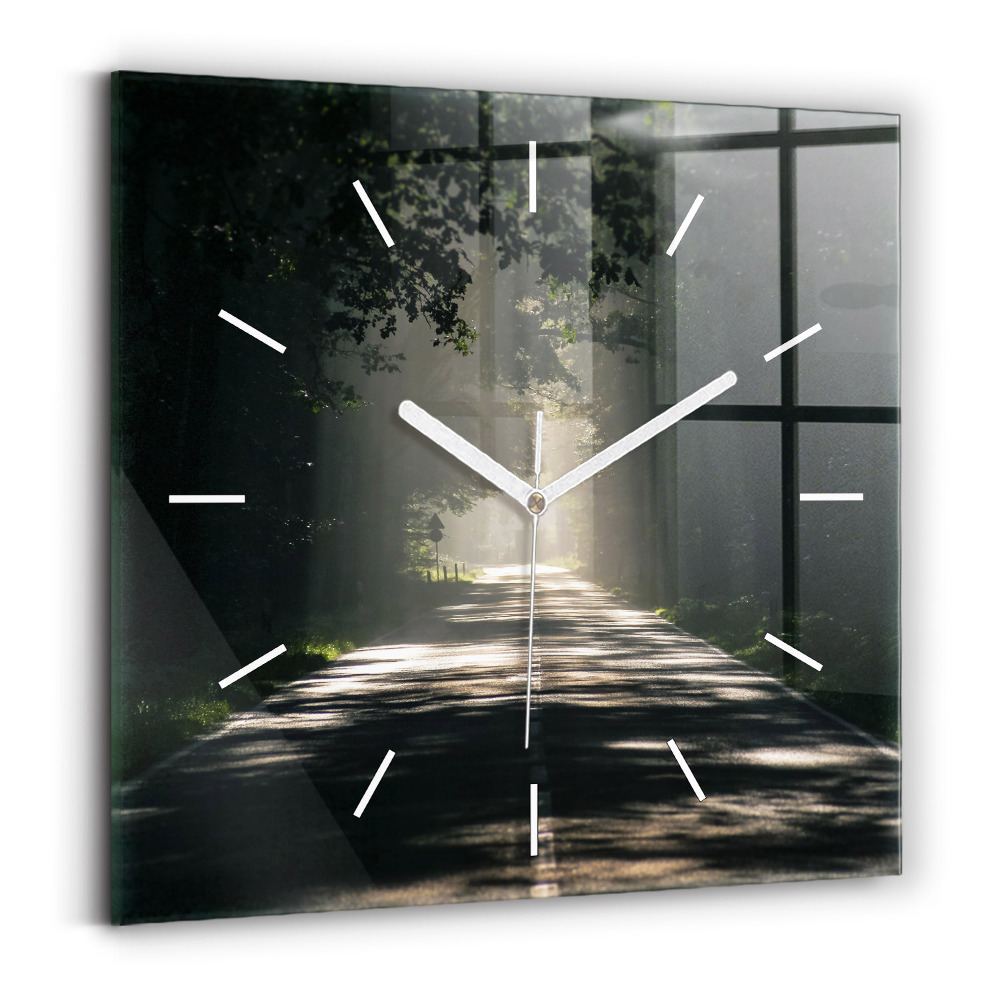 Horloge murale carrée Route forestière et traînées de soleil