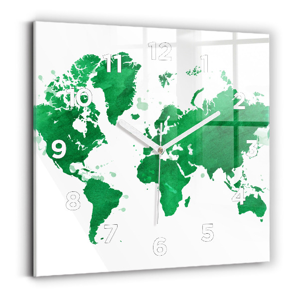 Horloge murale carrée Carte du monde verte
