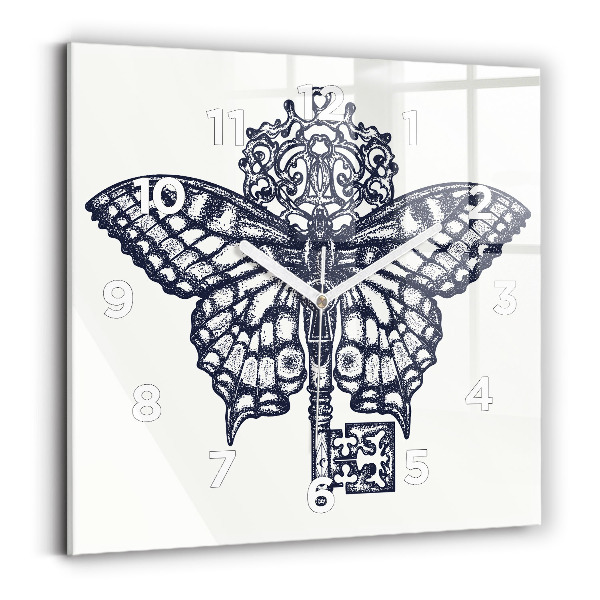 Pendule carrée en verre Papillon et clé - style boho