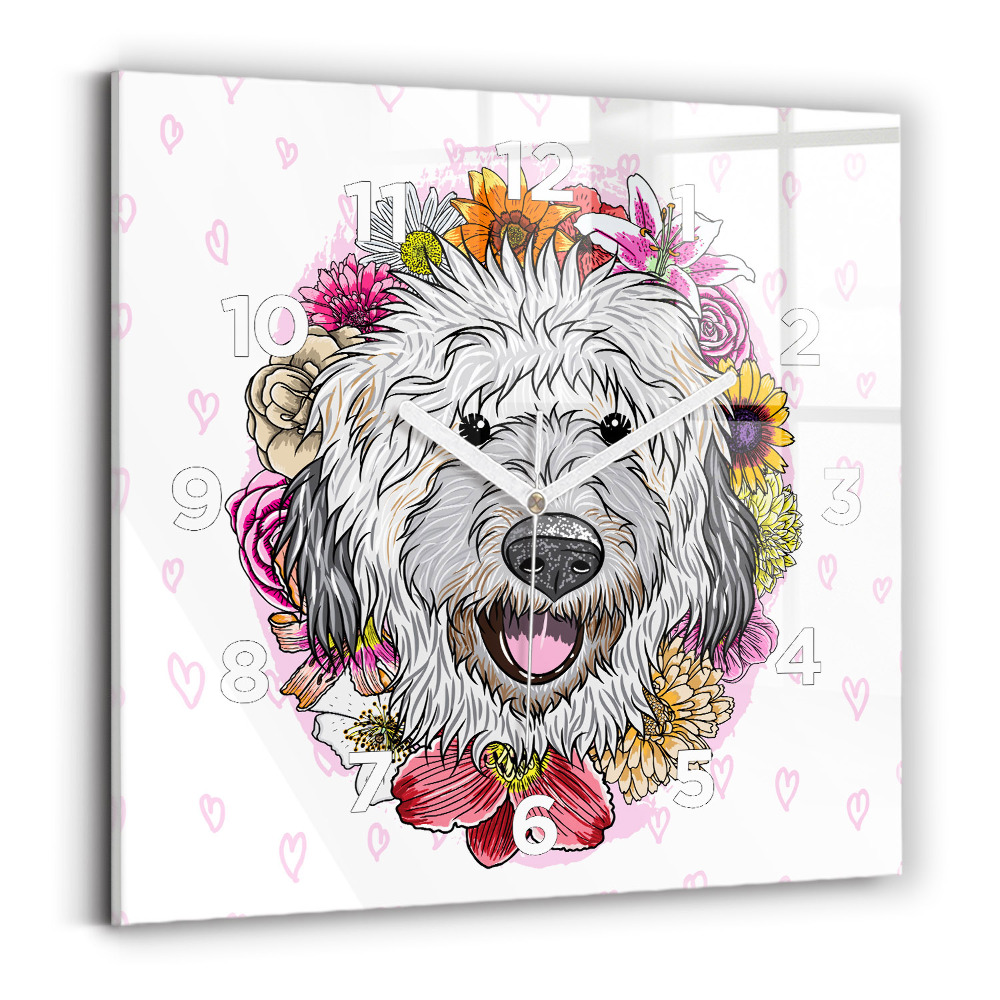 Pendule carrée en verre Chien heureux dans les fleurs