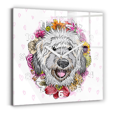 Pendule carrée en verre Chien heureux dans les fleurs