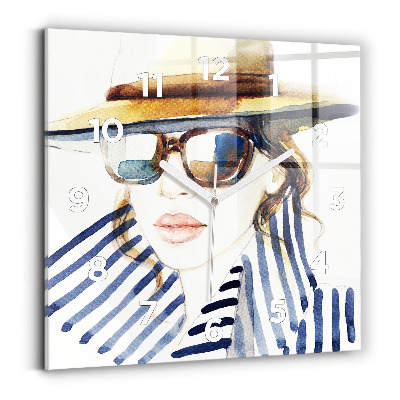 Pendule carrée en verre Visage avec lunettes et chapeau