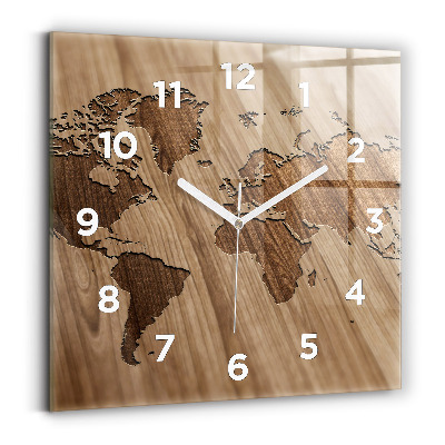 Horloge carrée en verre Carte du monde sur bois