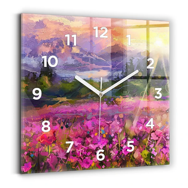 Horloge carrée en verre Prairie au coucher du soleil