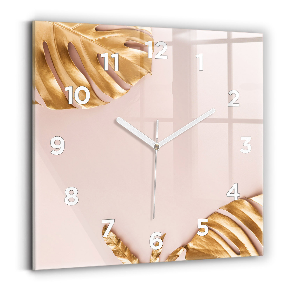 Horloge murale carrée Feuilles tropicales dorées