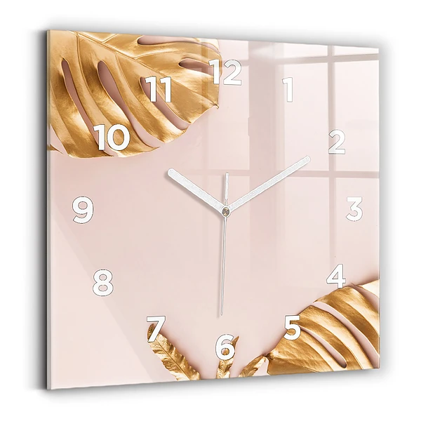 Horloge murale carrée Feuilles tropicales dorées