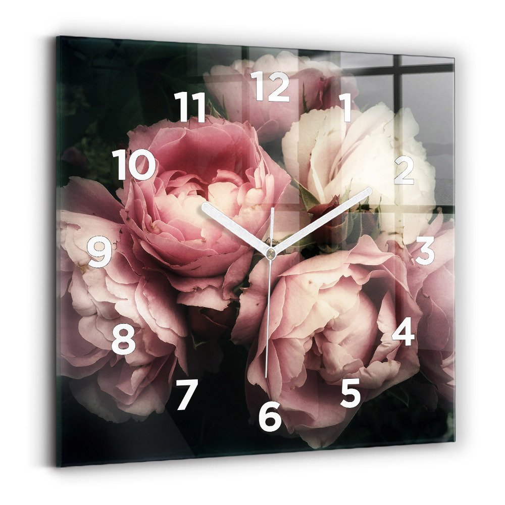 Pendule carrée en verre Bouquet de roses roses