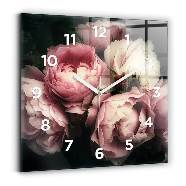 Pendule carrée en verre Bouquet de roses roses