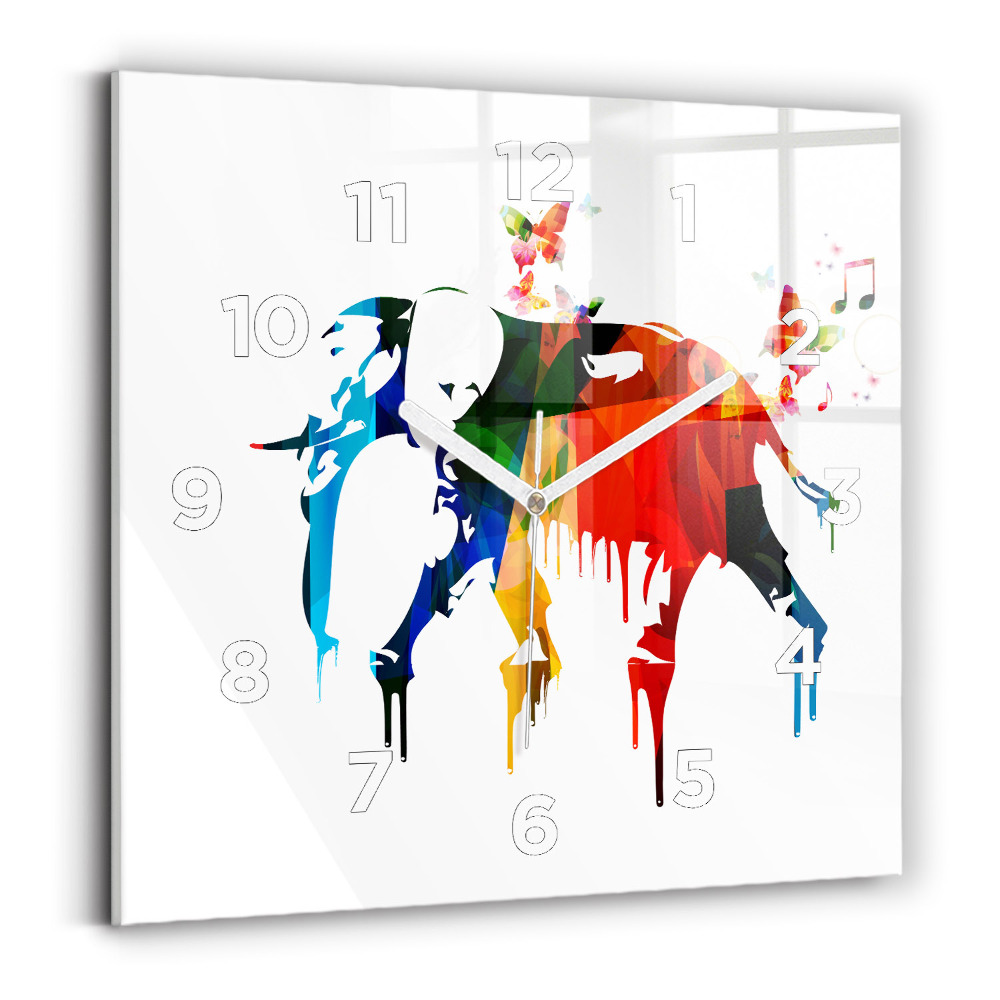 Pendule carrée en verre Eléphant peint en couleur