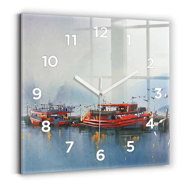 Horloge murale carrée Bateau de pêche dans le port