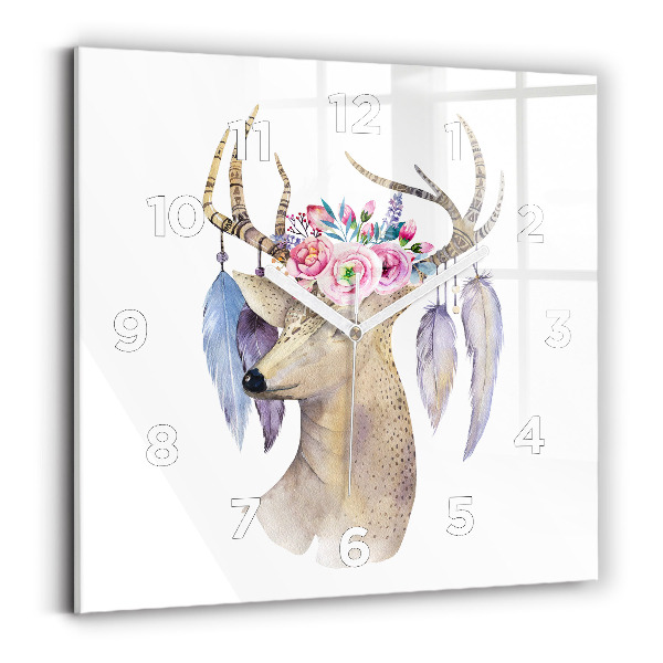 Pendule carrée en verre Tête de cerf et fleurs