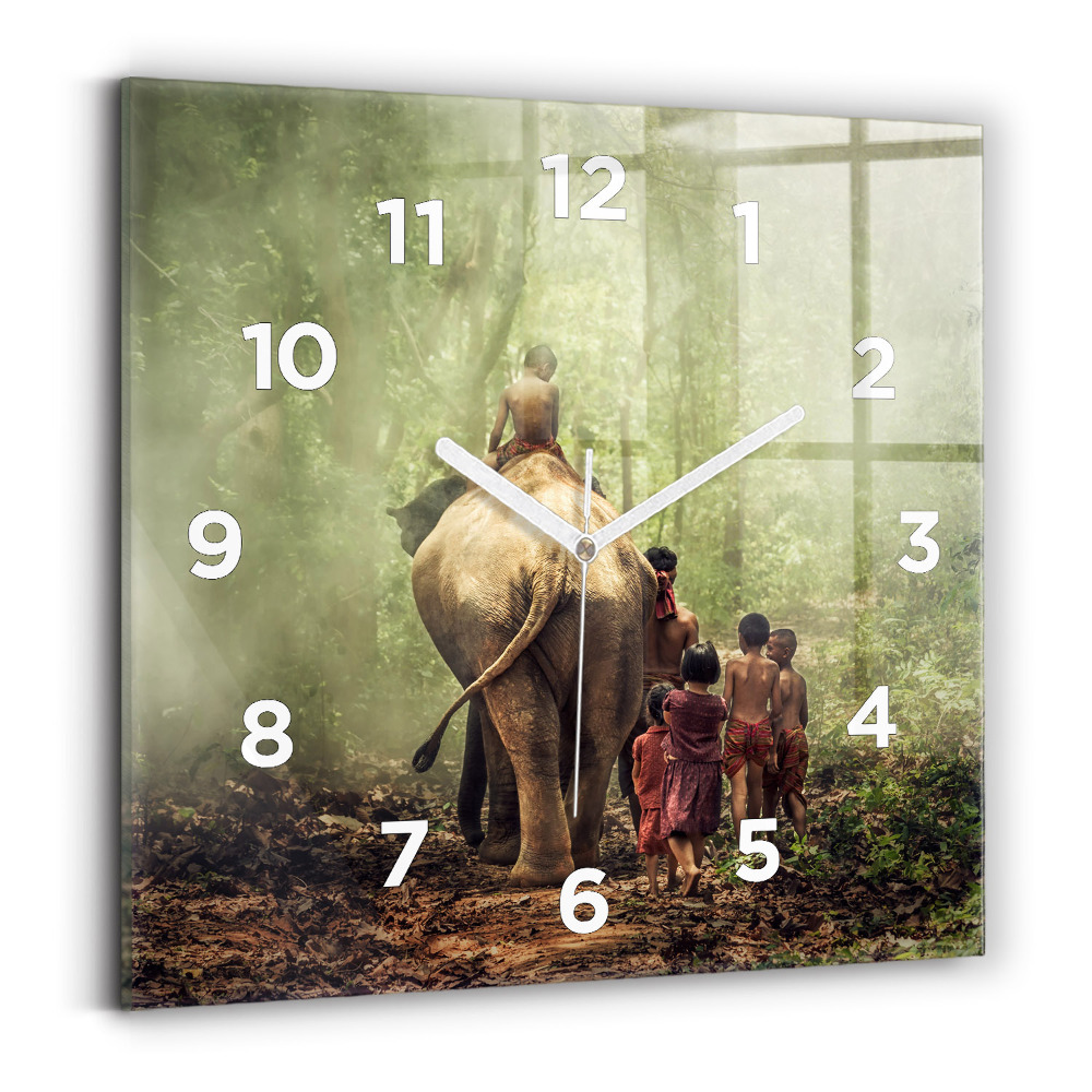 Horloge murale carrée Enfants guidant un éléphant