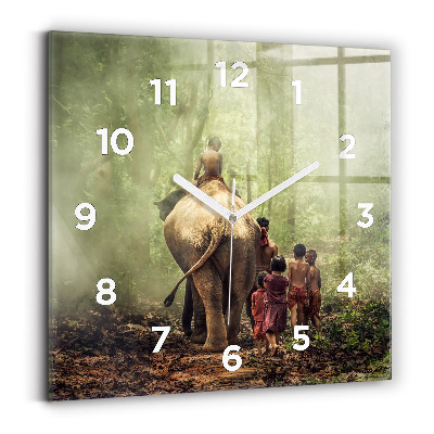 Horloge murale carrée Enfants guidant un éléphant