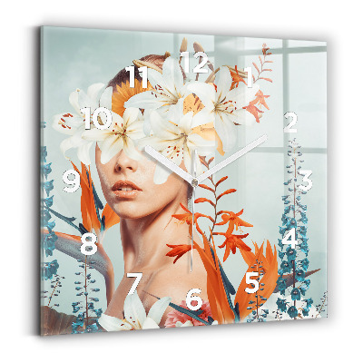 Pendule carrée en verre Femme avec des fleurs