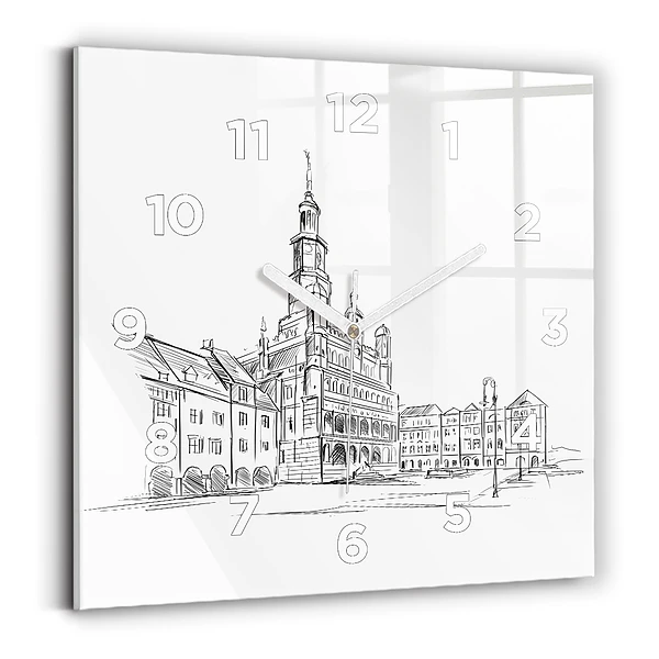 Horloge murale carrée Croquis de la vieille ville de Poznań
