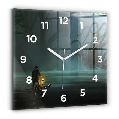 Pendule carrée en verre Homme et monstre dans un marais