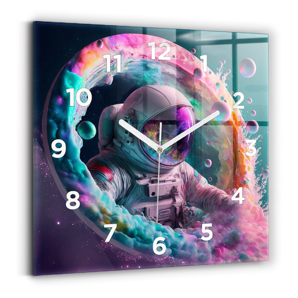 Horloge carrée en verre Cosmonaute et nuages colorés