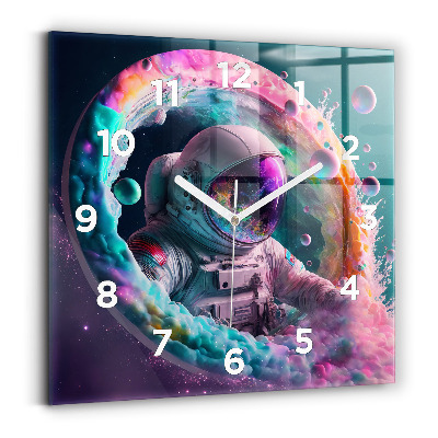 Horloge carrée en verre Cosmonaute et nuages colorés