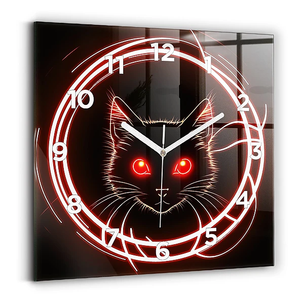 Pendule carrée en verre Chat aux yeux rouges