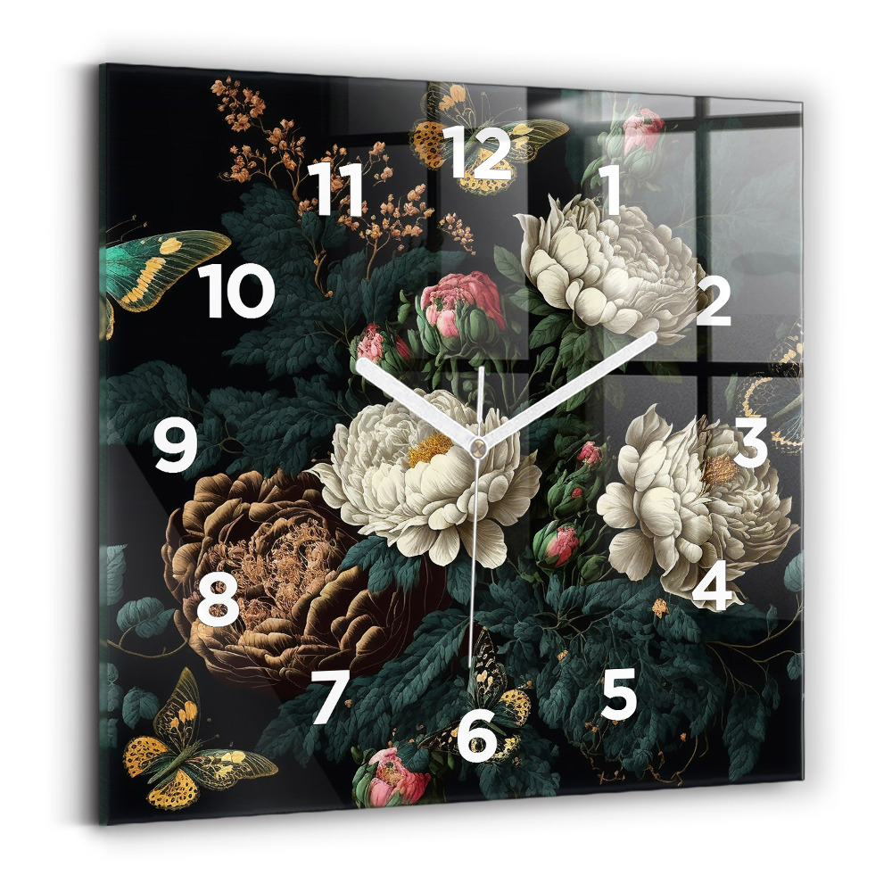 Horloge murale carrée Fleur et papillons dorés