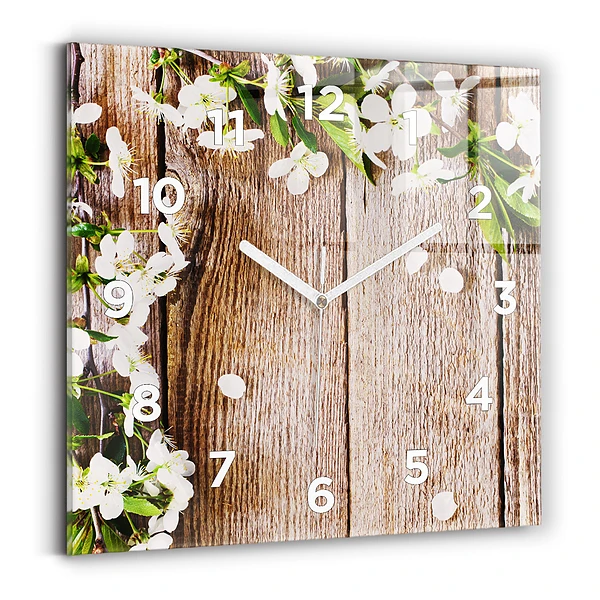 Horloge carrée en verre Fleurs sur bois