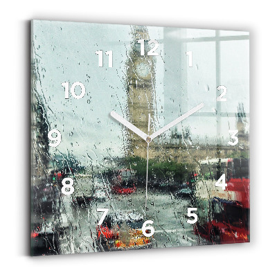 Horloge carrée en verre Londres sous la pluie